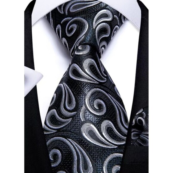 Dibangu Paisley Neck Tie New Black/Silver Silk Classic 49in X 3.5In - Picture 2 of 7